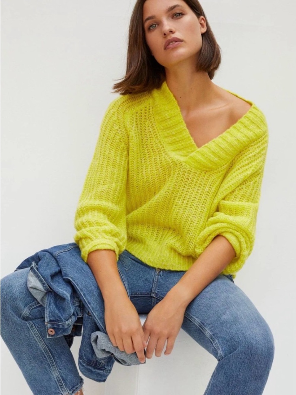 Anthropologie Neon Yellow V-Neck Knit Sweater